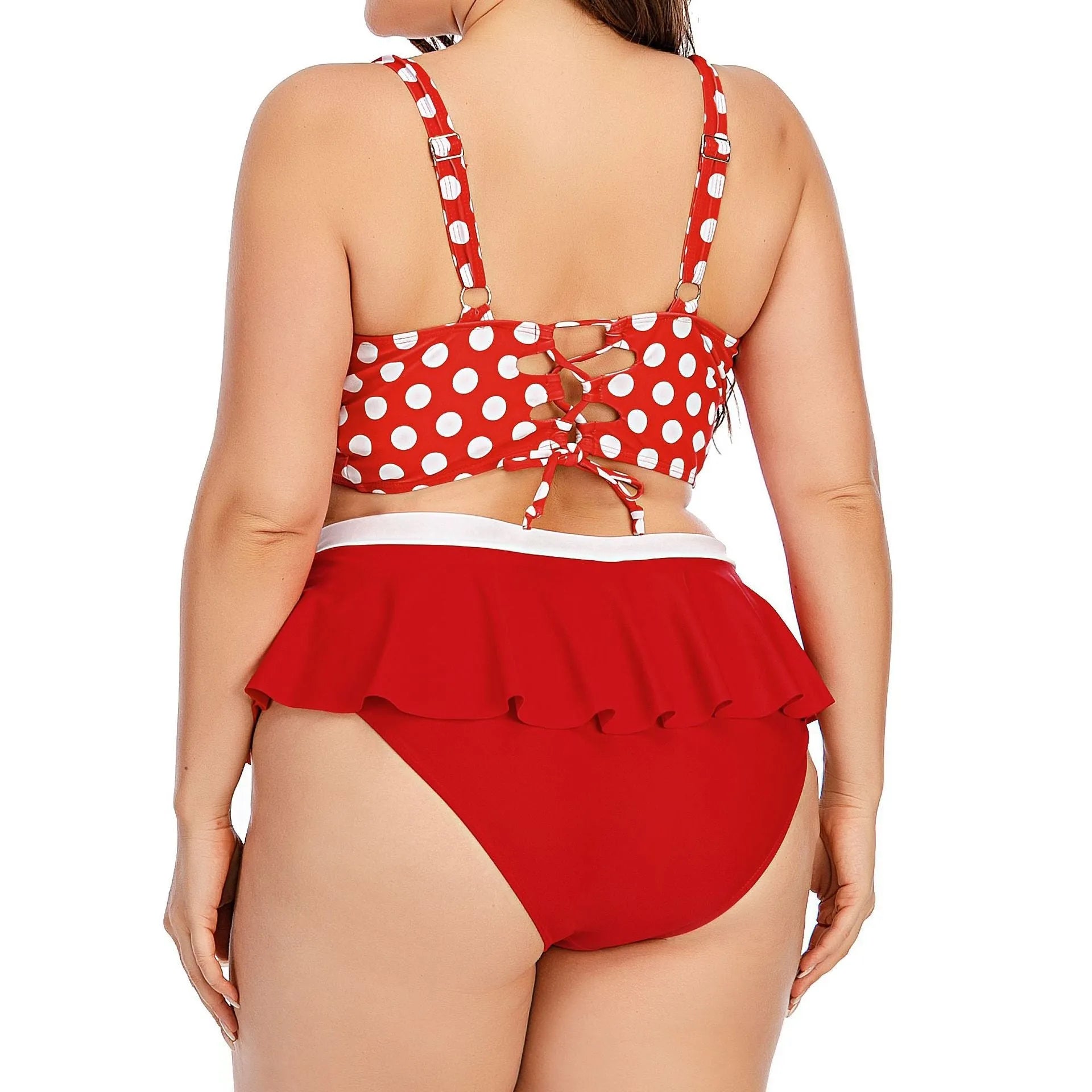 Plus size women's two-piece push up bikini set with retro wave pattern in blue dots, polyester and spandex fabric