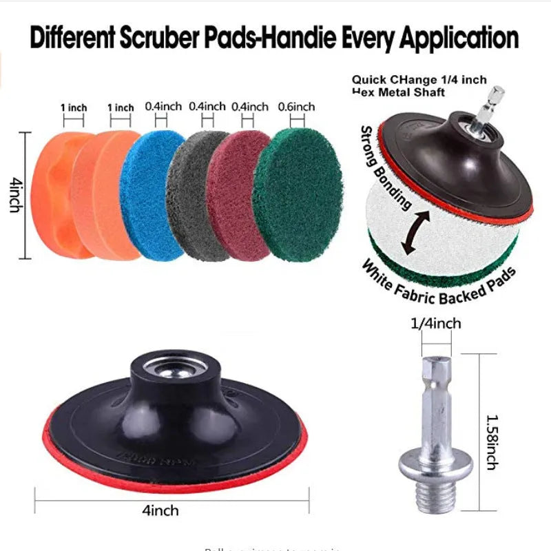 37-piece brush cleaning combo set with round disc brushes, high temperature PP bristles, 100mm diameter, colourful design