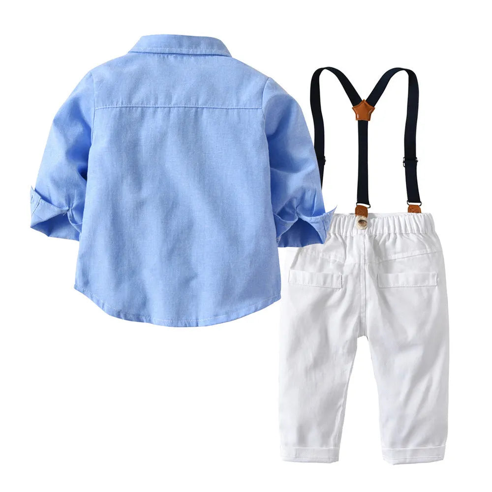 Boys blue Korean-style formal pants suit with long sleeves and a bow tie.