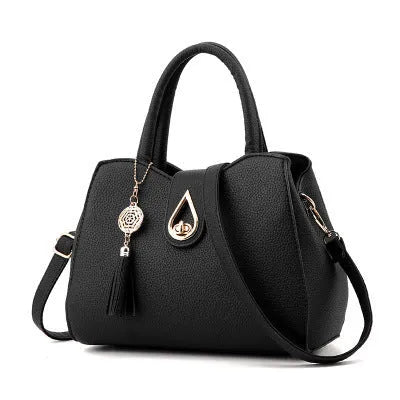 SMOOZA large PU tassel top-handle handbag with lock closure, horizontal square shape, in black or beige