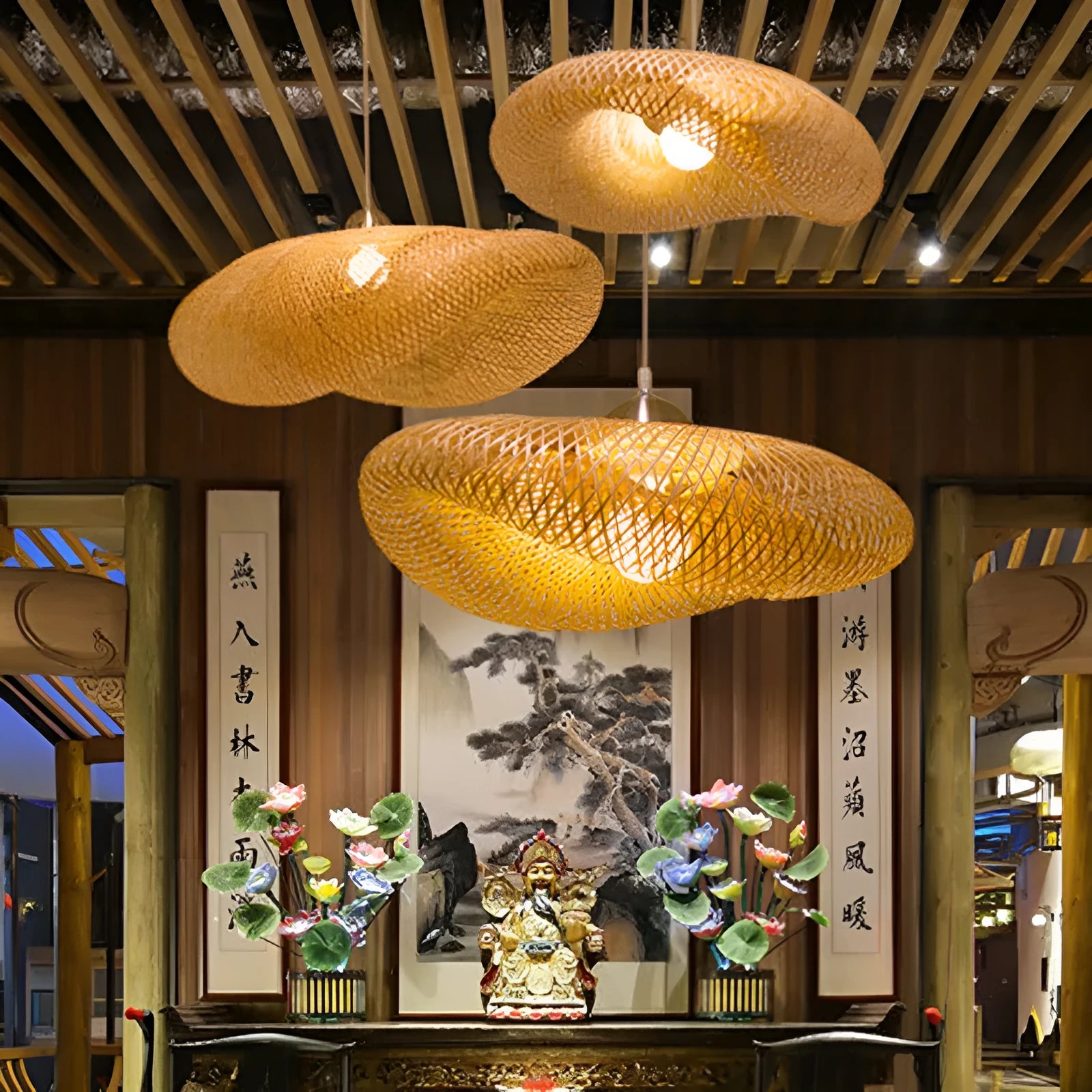 Bamboo chandelier ceiling light with traditional Chinese Zen design, 40cm diameter