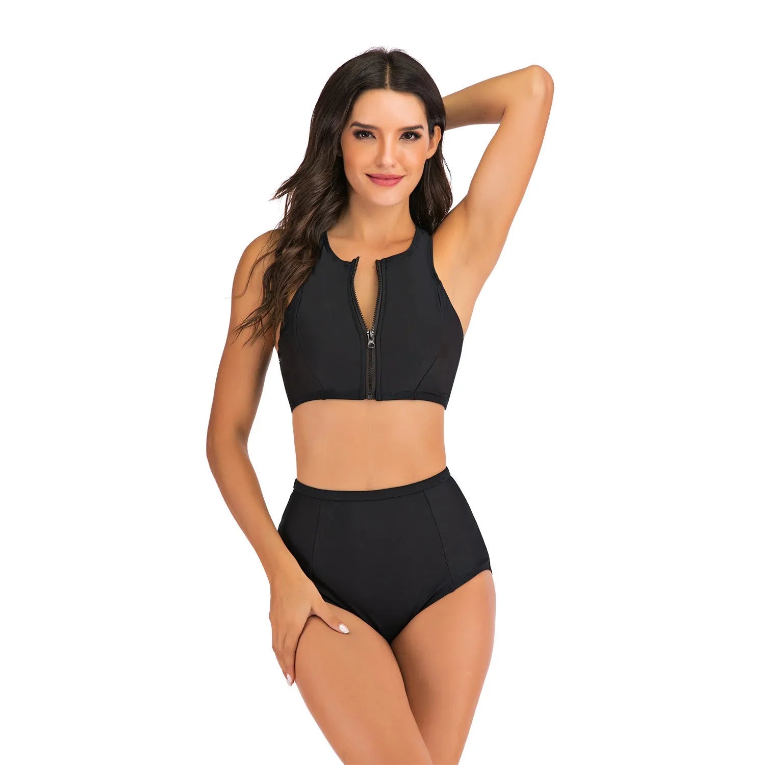 Women's black high-waist split flat bikini suit with quick-dry polyester fabric and removable pads