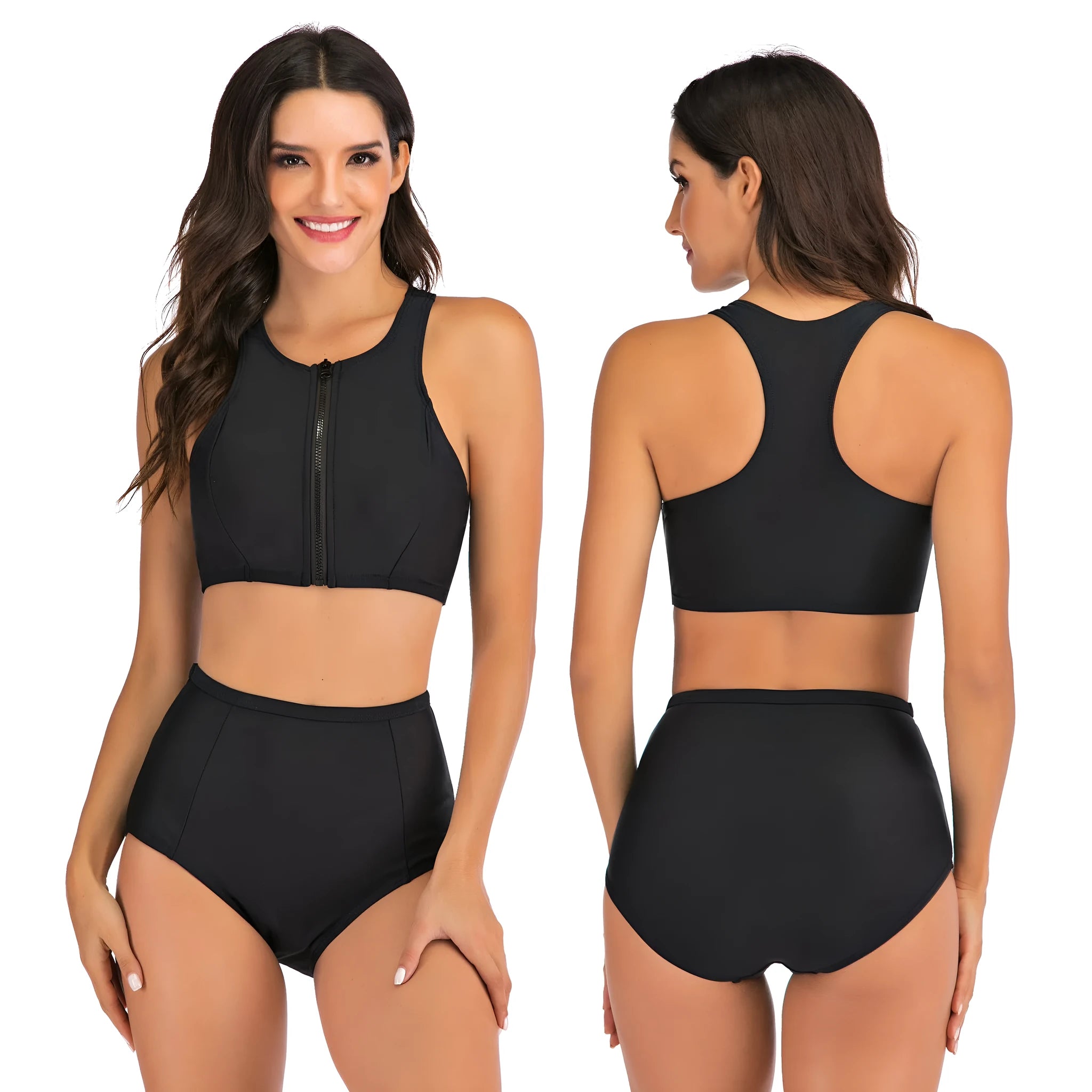 Women's black high-waist split flat bikini suit with quick-dry polyester fabric and removable pads