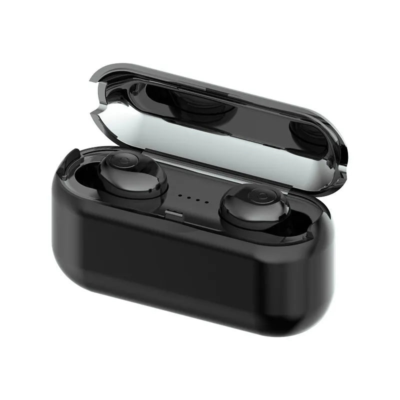 Black and white TWS Bluetooth headset with charging case, showing earbud design.