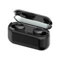Black and white TWS Bluetooth headset with charging case, showing earbud design.