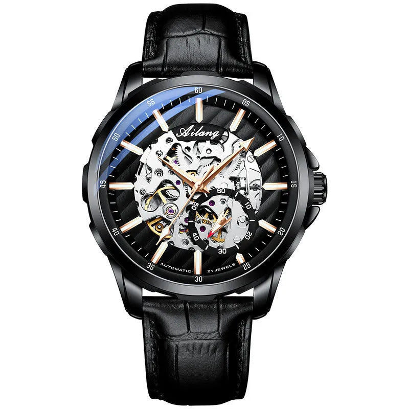 Hollow Phantom automatic mechanical watch with luminous skeleton dial, mineral glass, and black leather strap