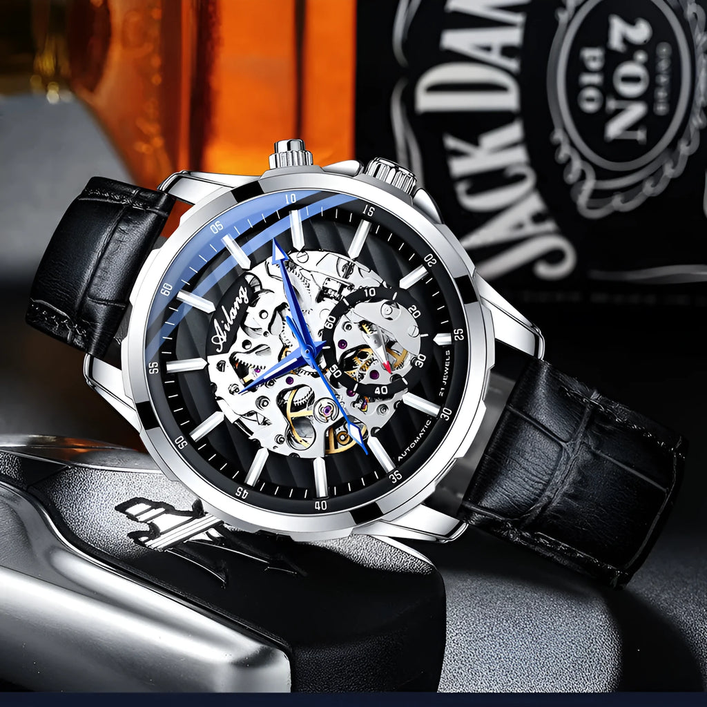 Hollow Phantom automatic mechanical watch with luminous skeleton dial, mineral glass, and black leather strap