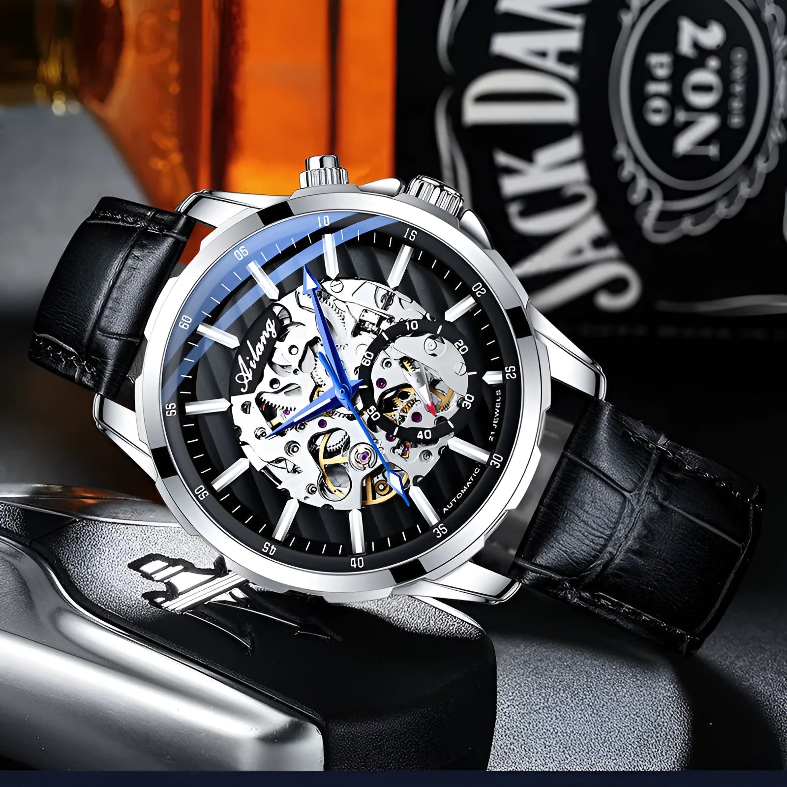 Hollow Phantom automatic mechanical watch with luminous skeleton dial, mineral glass, and black leather strap