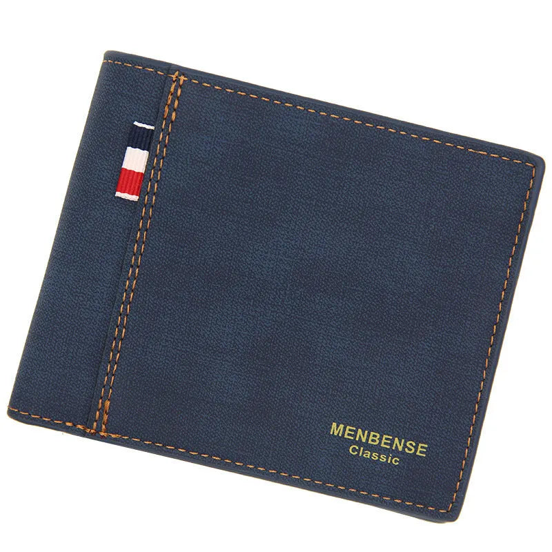 Men's tri-fold leather wallet in black showing organised compartments and short design format