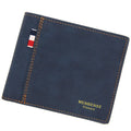 Men's tri-fold leather wallet in black showing organised compartments and short design format