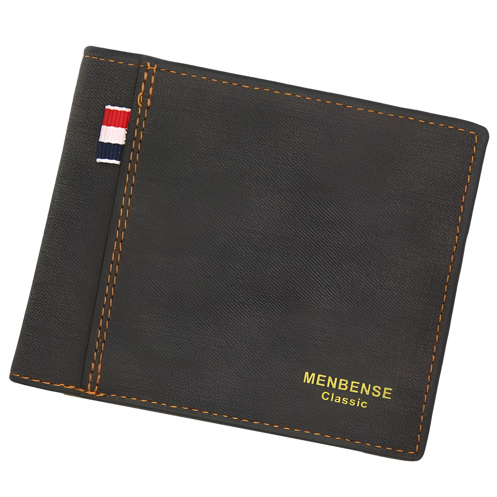 Men's tri-fold leather wallet in black showing organised compartments and short design format