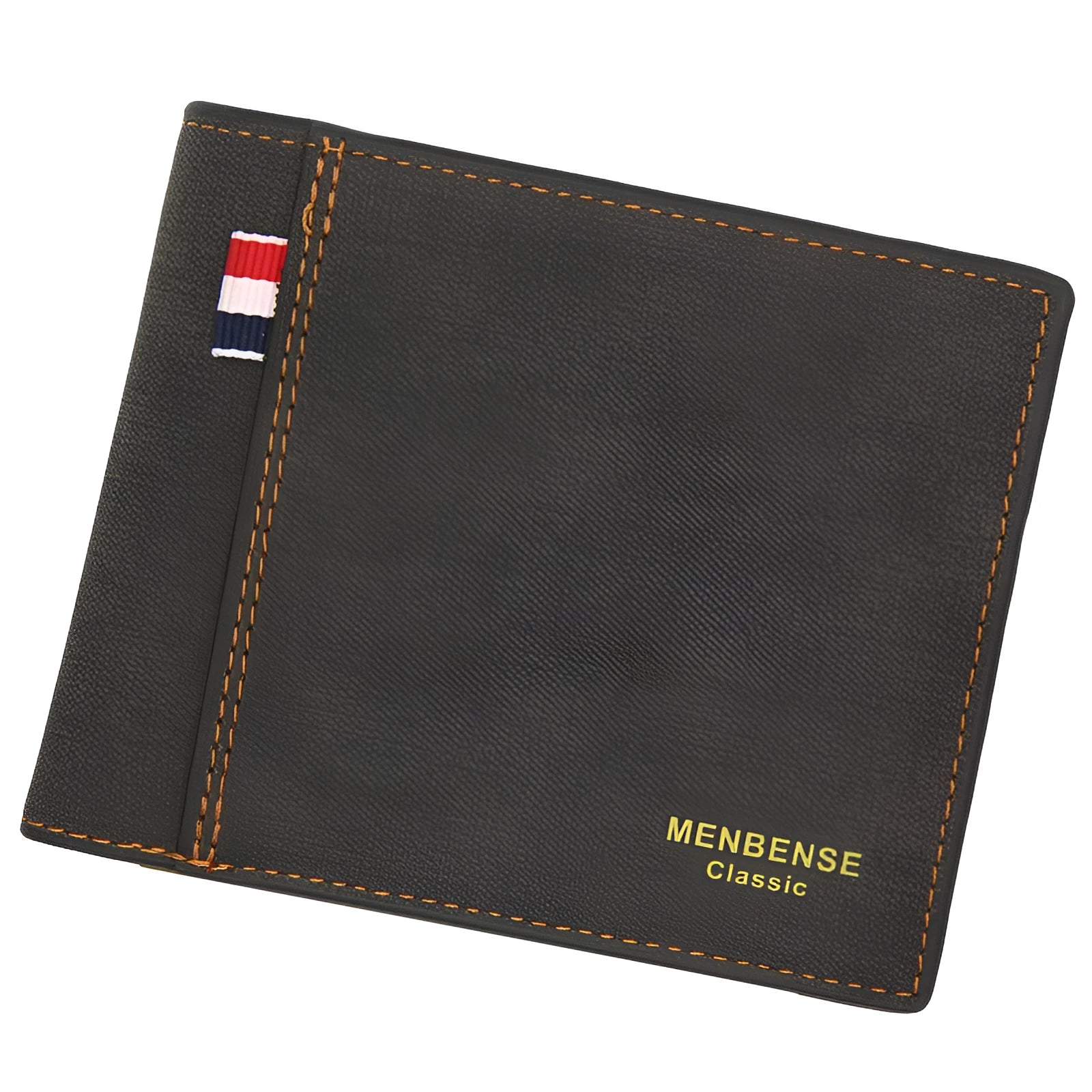 Men's tri-fold leather wallet in black showing organised compartments and short design format
