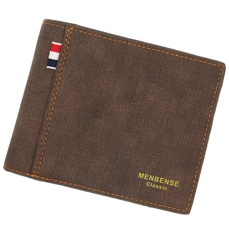 Men's tri-fold leather wallet in black showing organised compartments and short design format