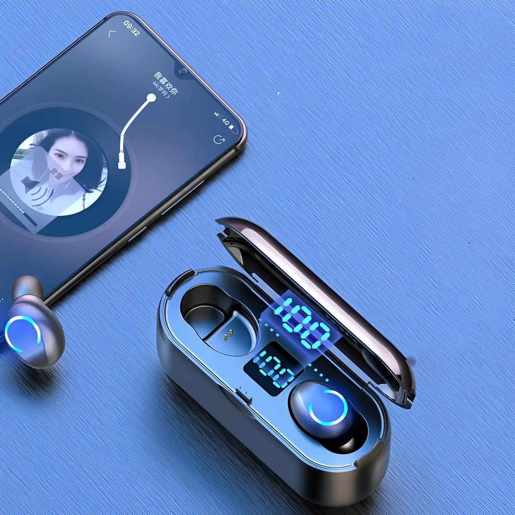 Black and white TWS Bluetooth headset with charging case, showing earbud design.