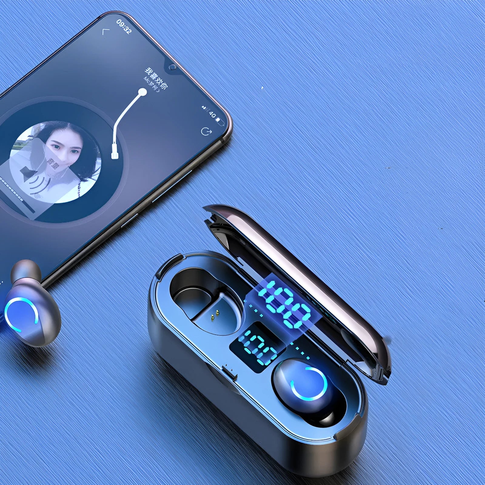 Black and white TWS Bluetooth headset with charging case, showing earbud design.