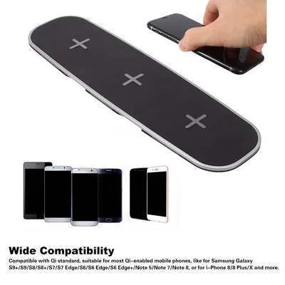 Universal 3-in-1 Qi wireless charger pad for multi-device charging in black and white with USB power