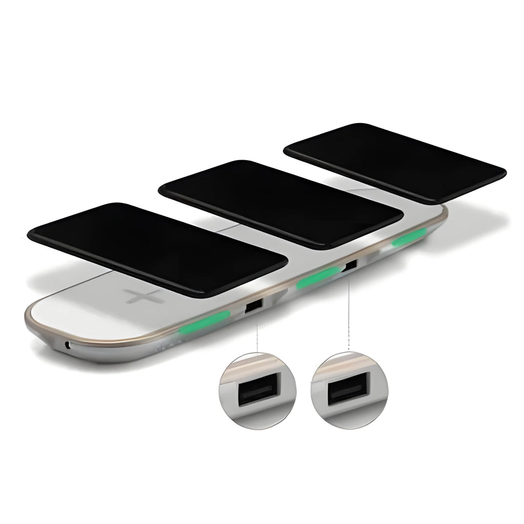 Universal 3-in-1 Qi wireless charger pad for multi-device charging in black and white with USB power
