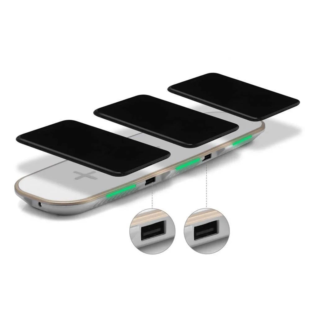 Universal 3-in-1 Qi wireless charger pad for multi-device charging in black and white with USB power
