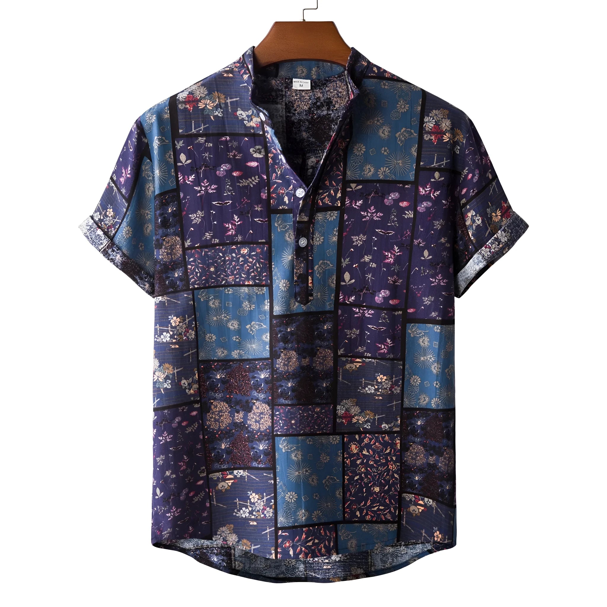 Men's casual floral short sleeve shirt with lapel collar in lightweight polyester fabric, multiple colours available