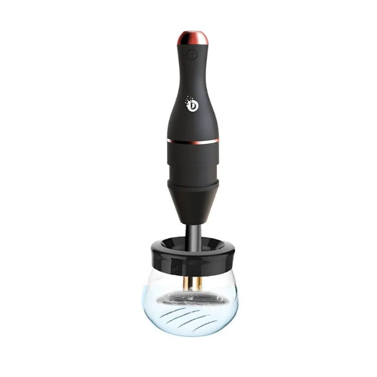 Electric makeup brush cleaner in black with USB cable and cleaning tank for automatic brush head cleaning