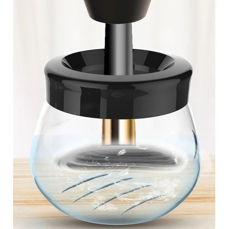Electric makeup brush cleaner in black with USB cable and cleaning tank for automatic brush head cleaning