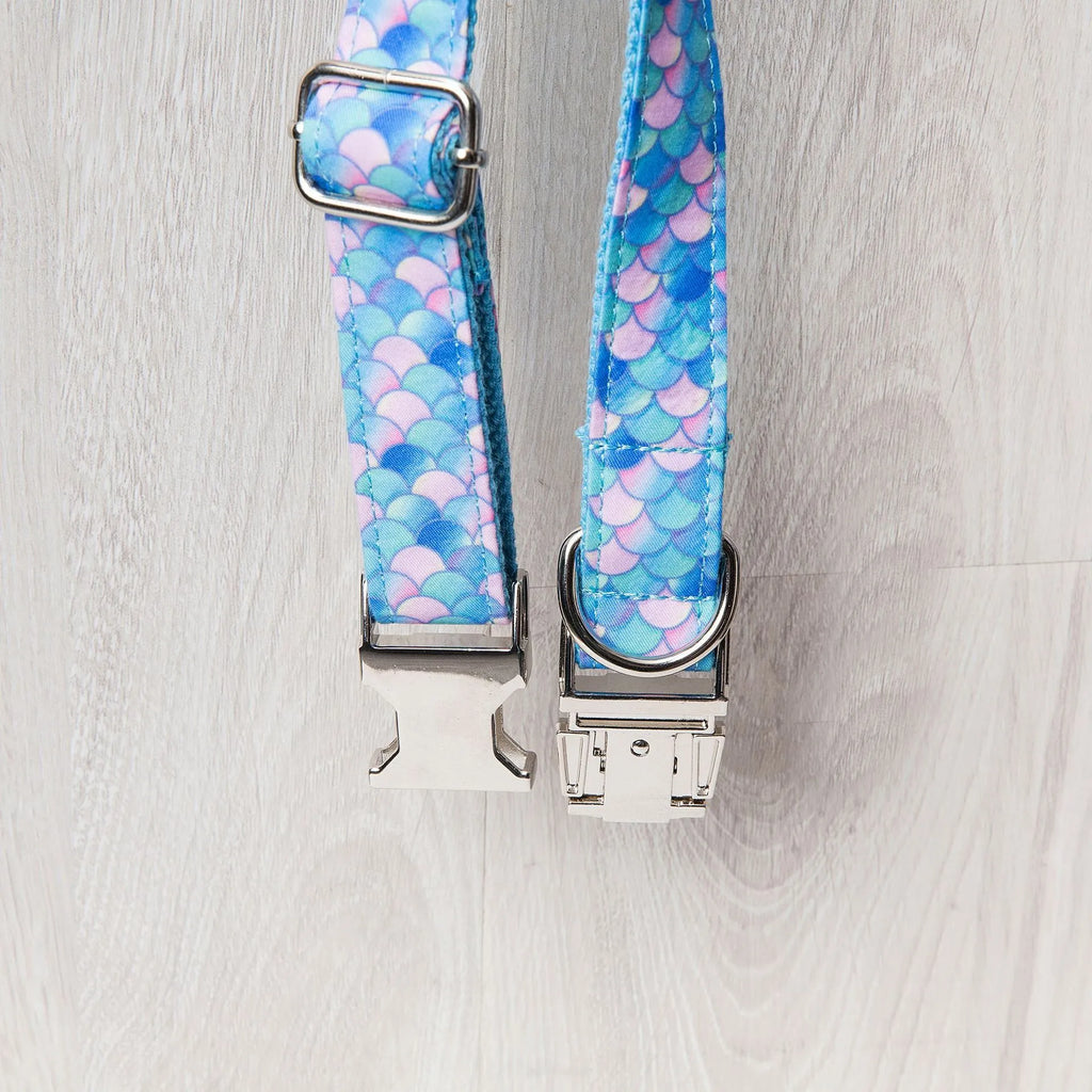 Blue polyester mermaid pet collar with plastic clip closure, shown on white background