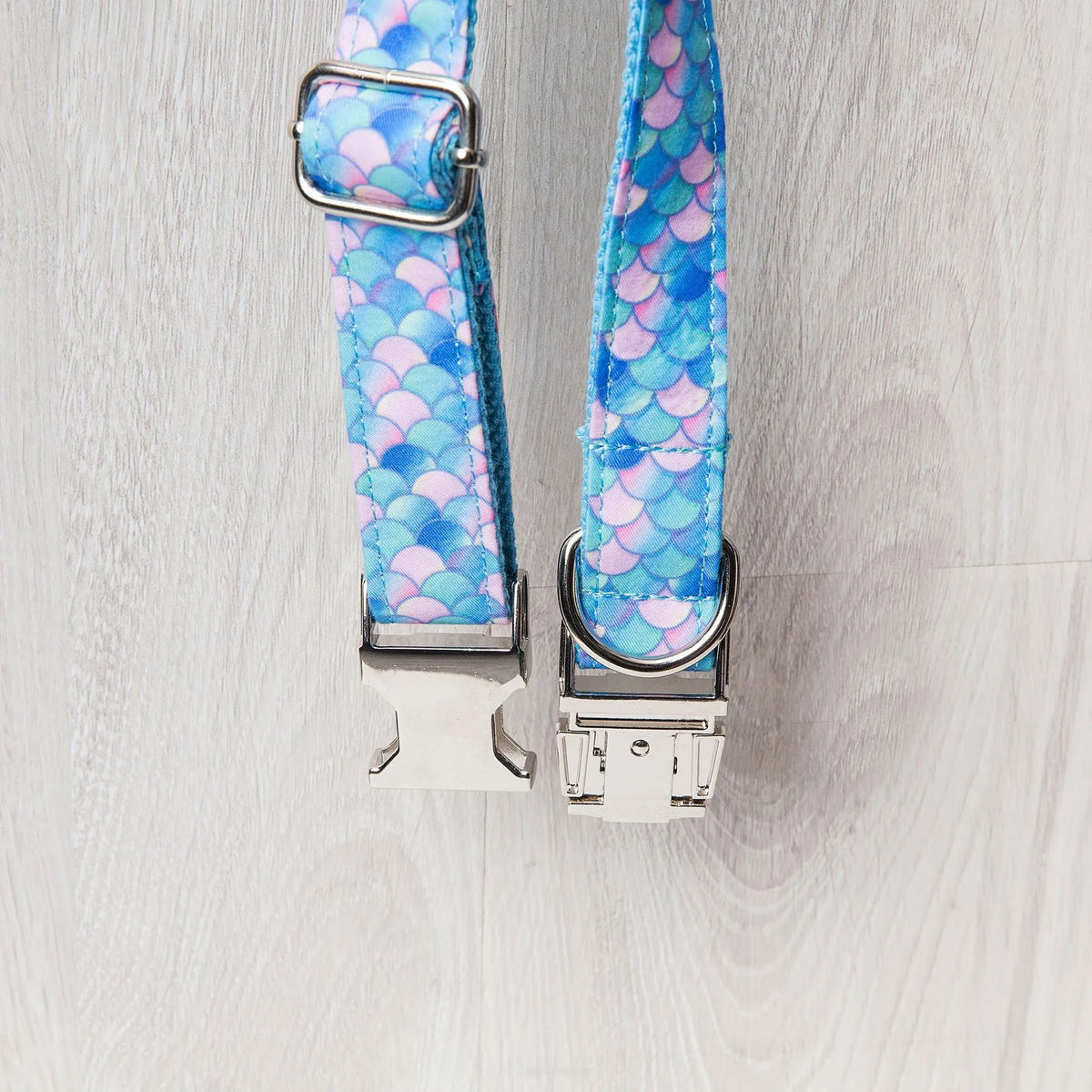 Blue polyester mermaid pet collar with plastic clip closure, shown on white background