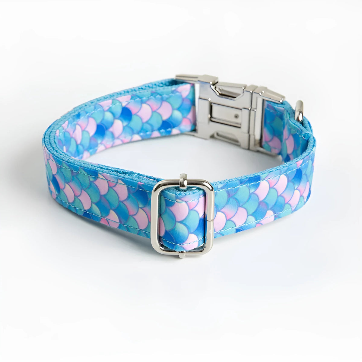 Blue polyester mermaid pet collar with plastic clip closure, shown on white background
