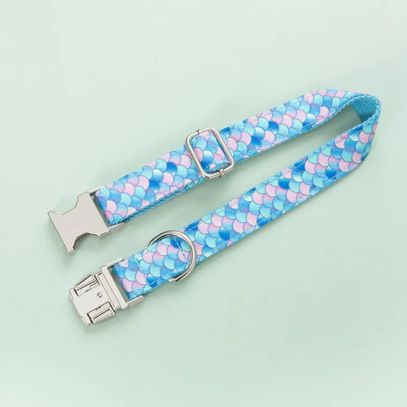 Blue polyester mermaid pet collar with plastic clip closure, shown on white background