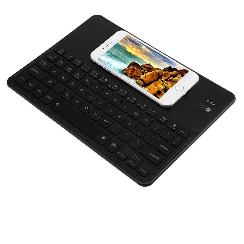 Black Bluetooth 3.0 keyboard with aluminium alloy and PU leather shell, seven-colour backlit keys, QI wireless charging