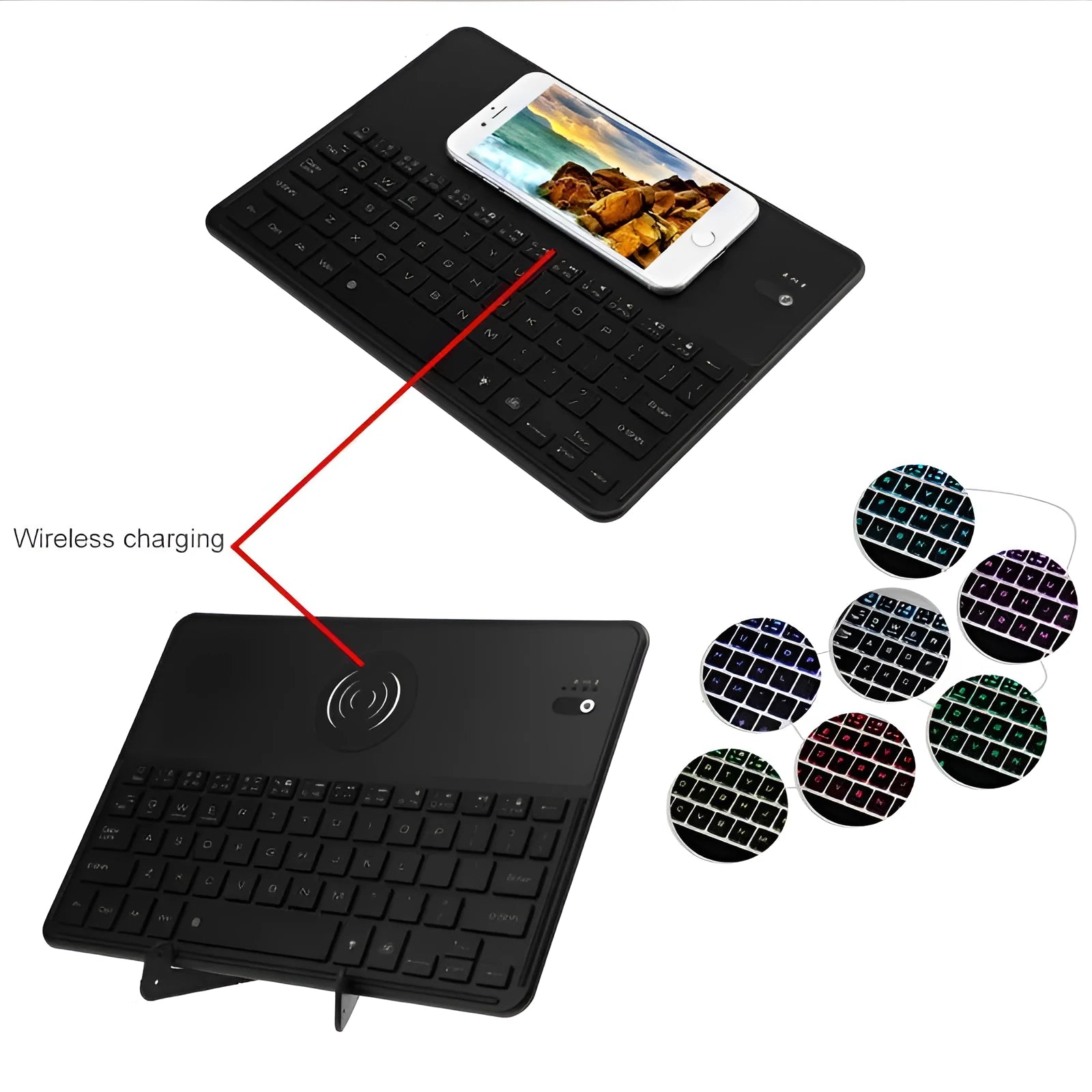 Black Bluetooth 3.0 keyboard with aluminium alloy and PU leather shell, seven-colour backlit keys, QI wireless charging