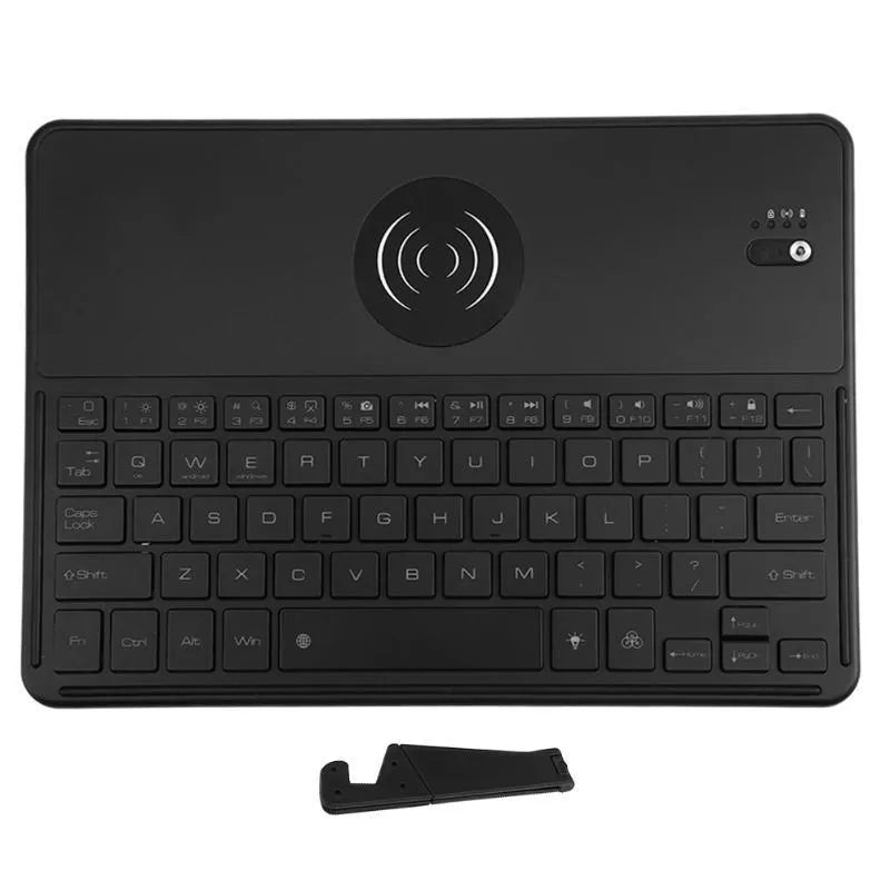 Black Bluetooth 3.0 keyboard with aluminium alloy and PU leather shell, seven-colour backlit keys, QI wireless charging