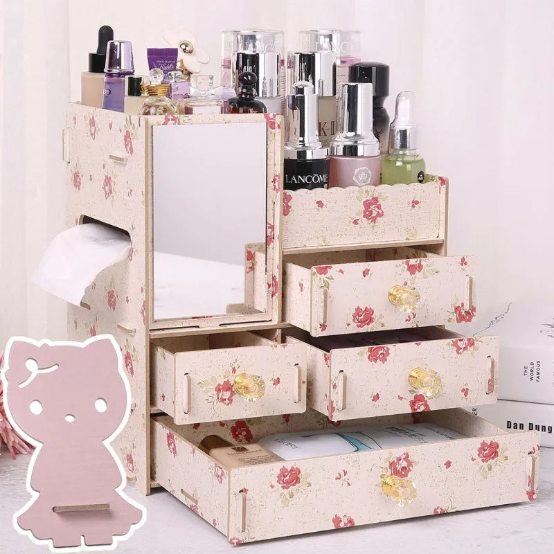 Wooden tabletop drawer cosmetic storage box for organising makeup and jewellery.