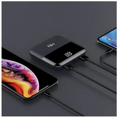 Compact digital display power bank with LCD screen showing battery level, in black plastic casing