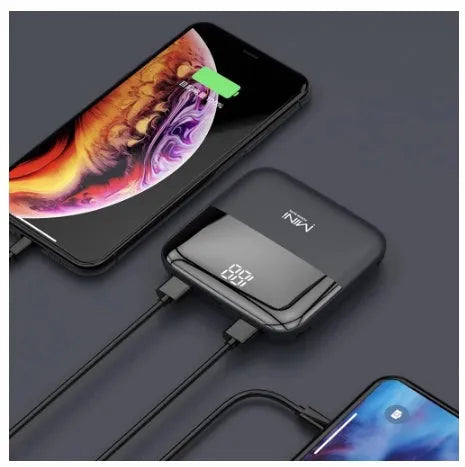 Compact digital display power bank with LCD screen showing battery level, in black plastic casing