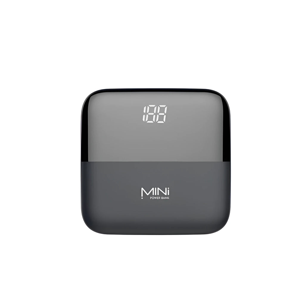 Compact digital display power bank with LCD screen showing battery level, in black plastic casing