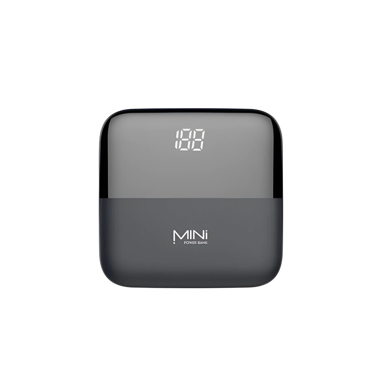 Compact digital display power bank with LCD screen showing battery level, in black plastic casing