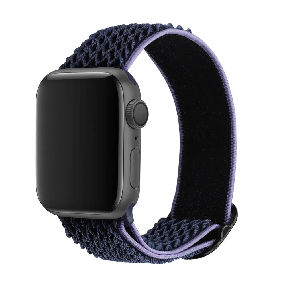 Braided elastic nylon Apple Watch strap in multiple colours on a grey background.