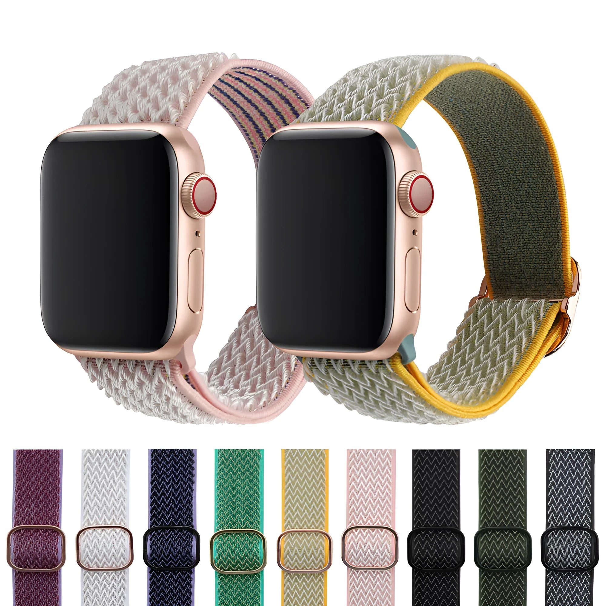 Braided elastic nylon Apple Watch strap in multiple colours on a grey background.
