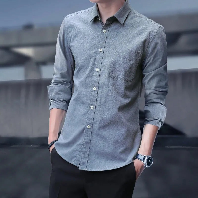Men's slim fit long sleeve linen blend shirt in navy blue with pointed collar and plain pattern