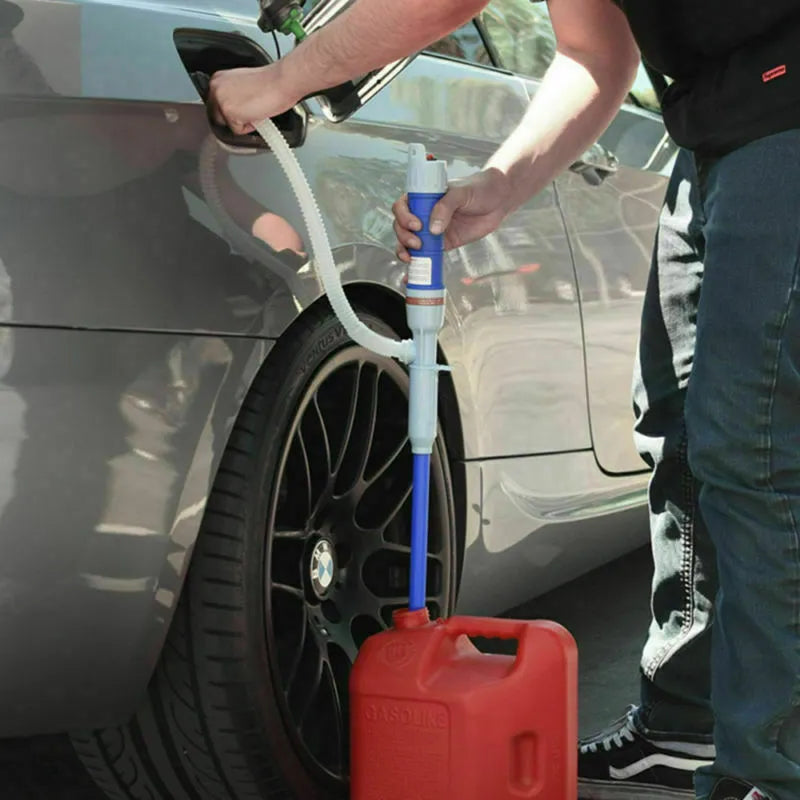 Blue and red manual hand siphon pump for transferring fuel, oil, and chemicals.
