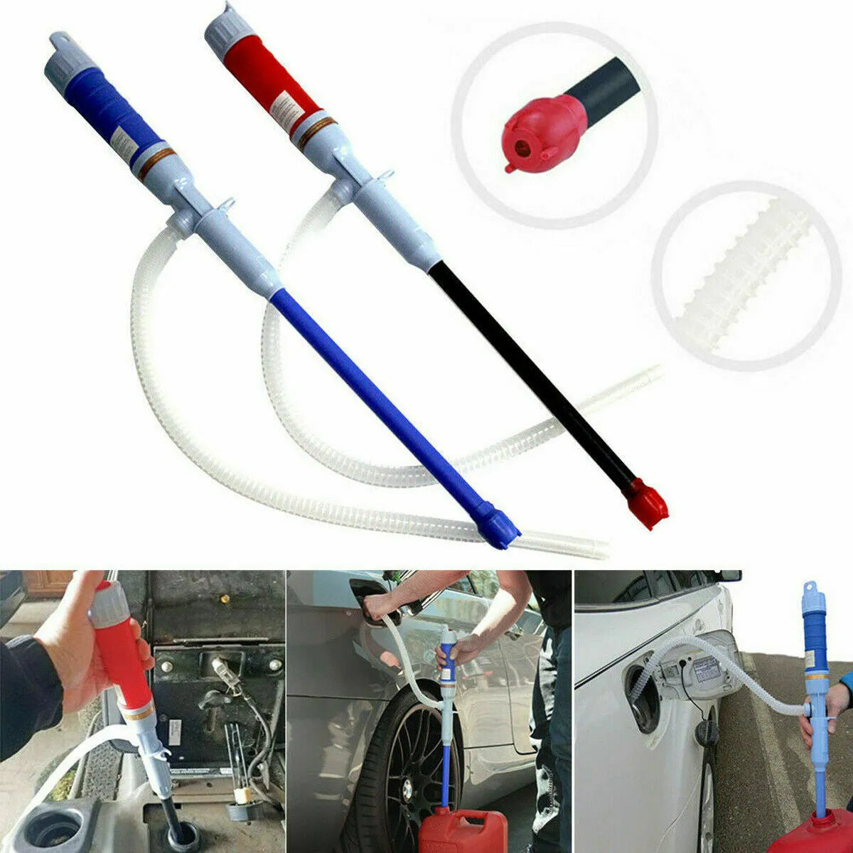 Blue and red manual hand siphon pump for transferring fuel, oil, and chemicals.