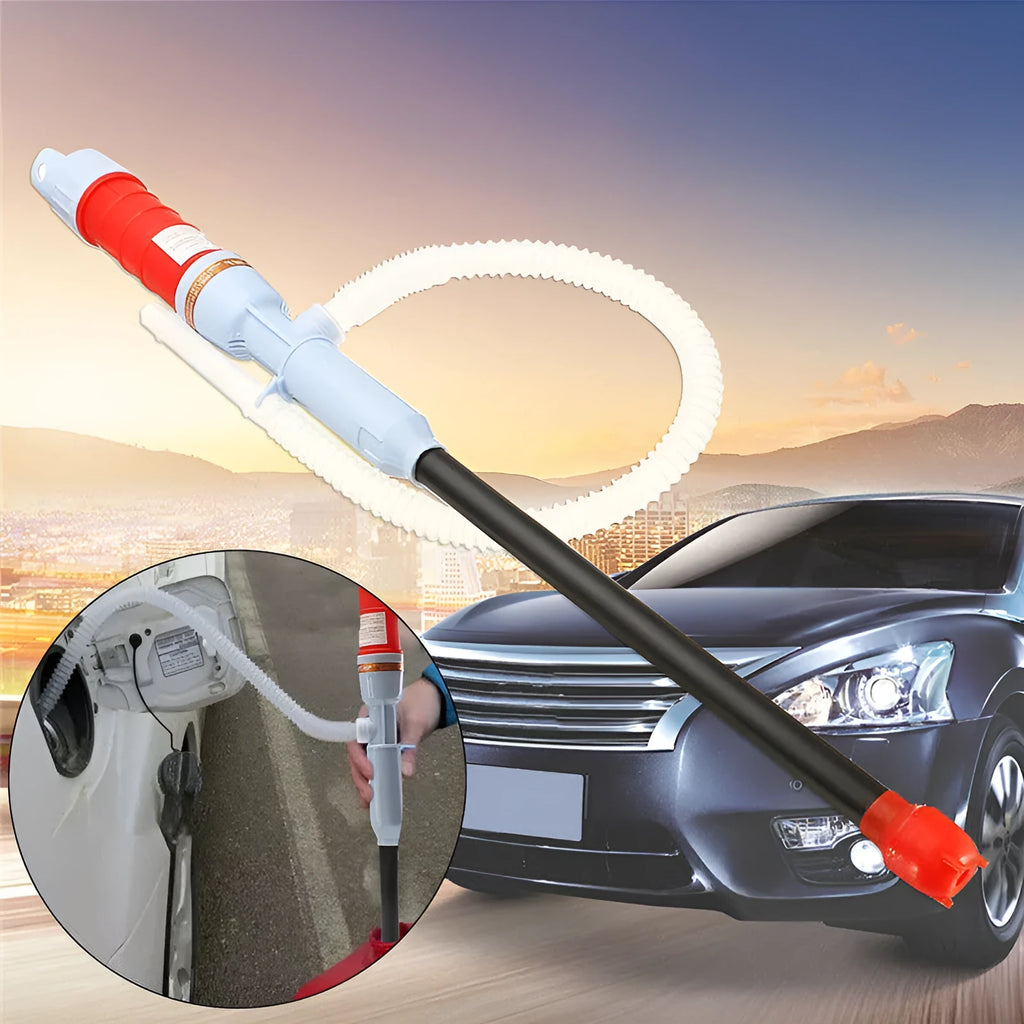 Blue and red manual hand siphon pump for transferring fuel, oil, and chemicals.