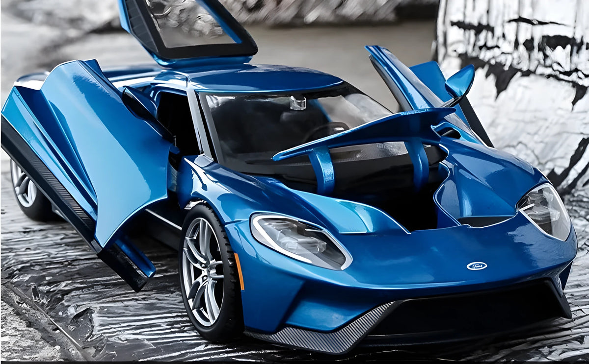 Blue 1:18 simulation alloy toy sports car model with force control on a flat surface