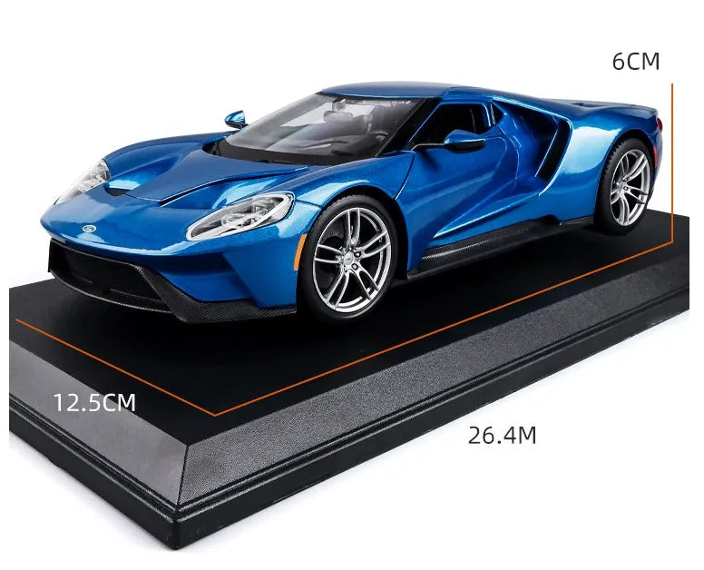 Blue 1:18 simulation alloy toy sports car model with force control on a flat surface