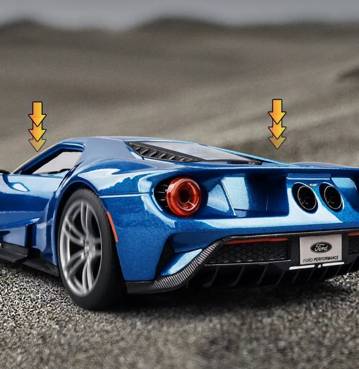 Blue 1:18 simulation alloy toy sports car model with force control on a flat surface