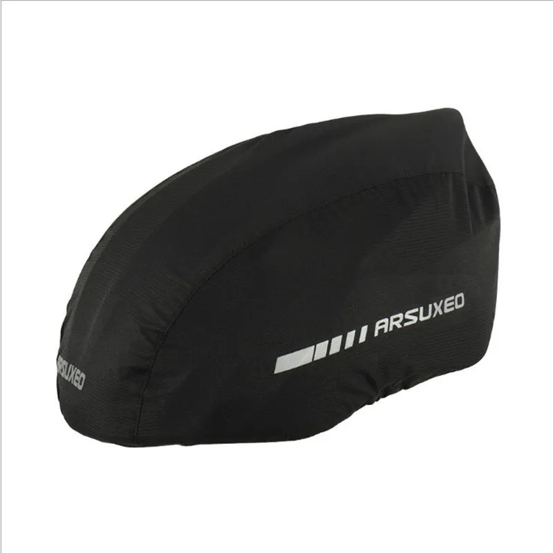 Reflective waterproof cycling helmet cover in black on a cycling helmet, uniform one size, polyester brazing material