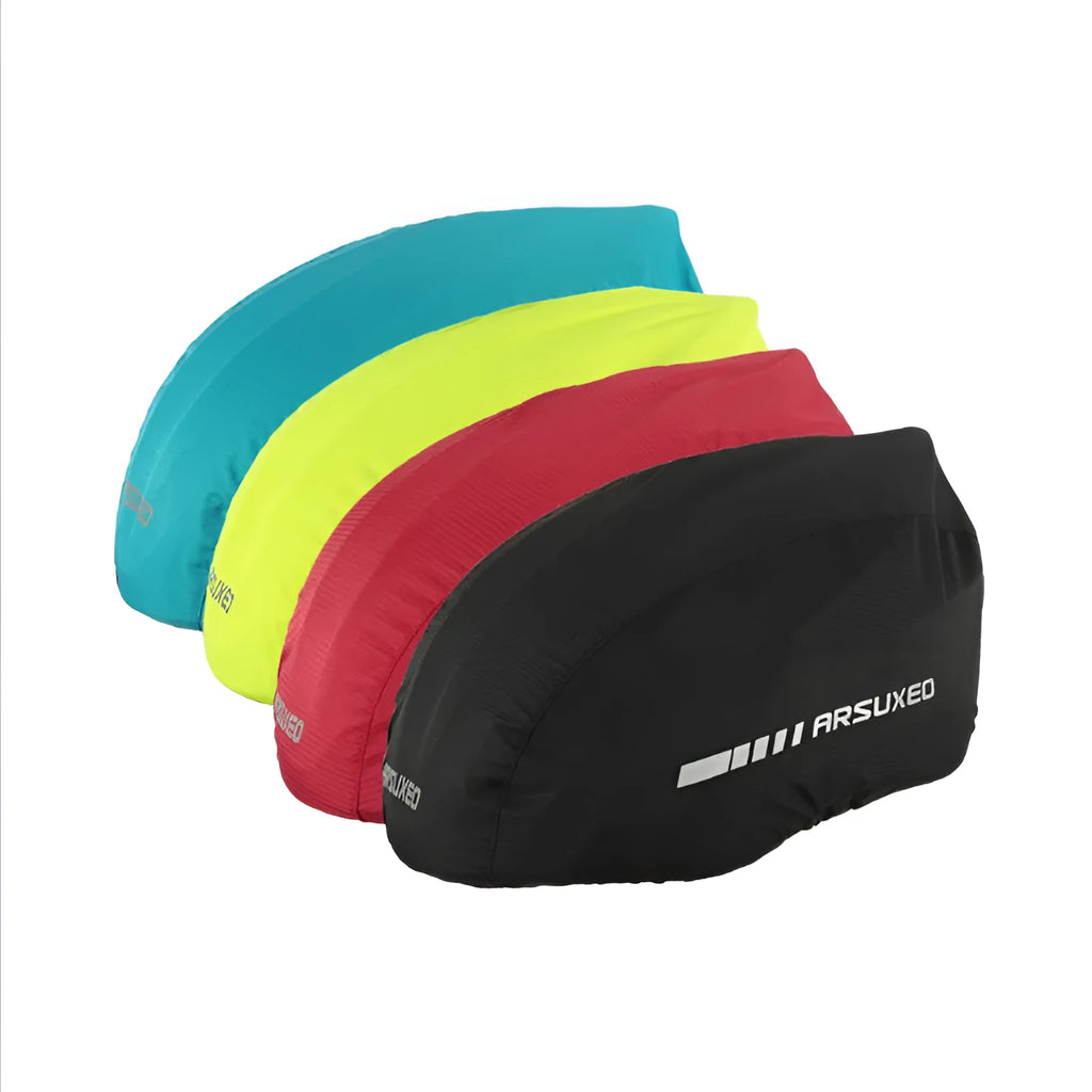 Reflective waterproof cycling helmet cover in black on a cycling helmet, uniform one size, polyester brazing material