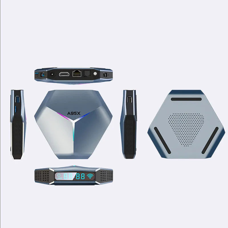 Android TV set-top box with remote, HDMI cable, and regional power adapter for AU, EU, UK, or US outlets.