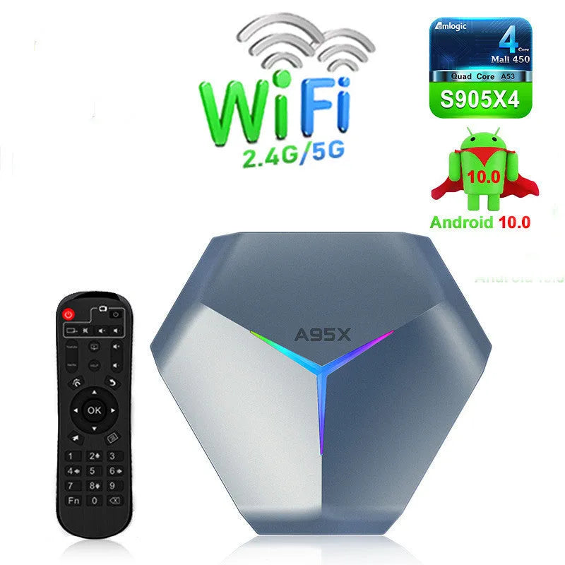Android TV set-top box with remote, HDMI cable, and regional power adapter for AU, EU, UK, or US outlets.